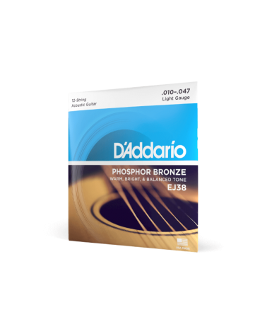 D'Addario EJ38. Cuerdas para guitarra acústica de 12 cuerdas de bronce fosforado, calibre fino, 10-47