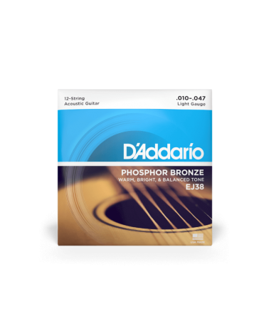 D'Addario EJ38. Cuerdas para guitarra acústica de 12 cuerdas de bronce fosforado, calibre fino, 10-47
