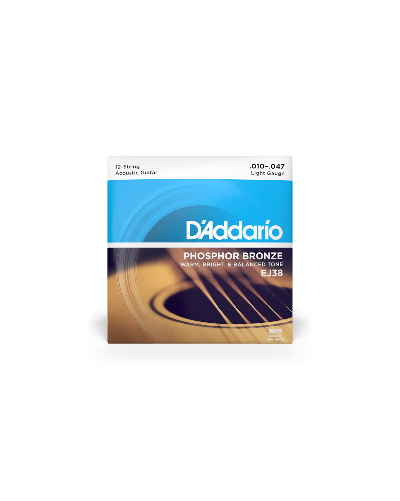 D'Addario EJ38. Cuerdas para guitarra acústica de 12 cuerdas de bronce fosforado, calibre fino, 10-47