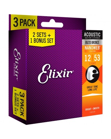 Elixir 16539 3-Pack 80/20 Bronze Nanoweb 12-53 (11052)