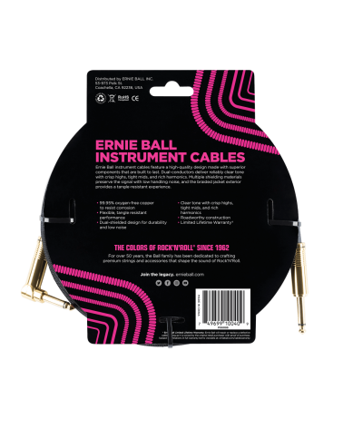 Ernie Ball 6086 Cable para guitarra o bajo - acabado negro con conectores dorados - 18Ft / 5,49 Metros.