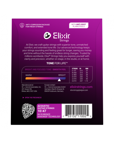 Juego Cuerdas Guitarra Acústica Elixir Nanoweb 11002 (10-47)