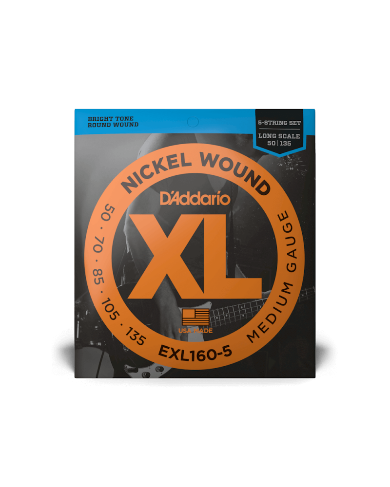 D'Addario EXL160-5. Para bajo de 5 cuerdas de entorchado de níquel, calibre medio, 50-135, escala larga D'Addario EXL160-5. Para bajo de 5 cuerdas de entorchado de níquel, calibre medio, 50-135, escala larga