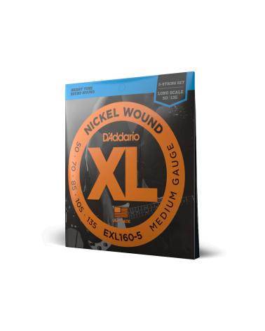 D'Addario EXL160-5. Para bajo de 5 cuerdas de entorchado de níquel, calibre medio, 50-135, escala larga