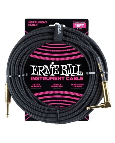 Ernie Ball 6086 Cable para guitarra o bajo - acabado negro con conectores dorados - 18Ft / 5,49 Metros.