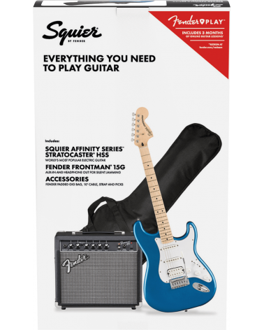 Squier ffinity Series Stratocaster HSS Pack, Maple Fingerboard, Lake Placid Blue, Gig Bag, 15G