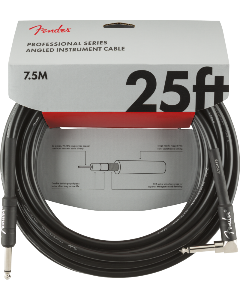 FENDER 25' ANGLE PROFESSIONAL SERIES INSTRUMENT CABLE 7'5 m acodado