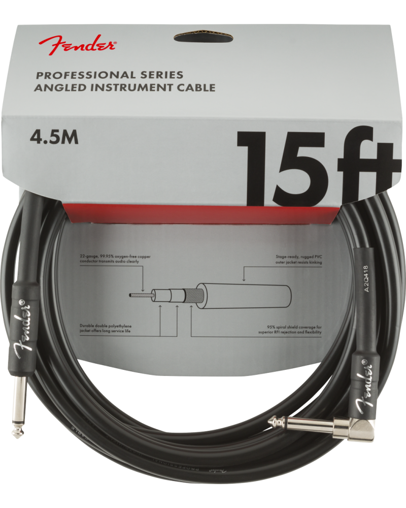 Fender Professional Series Instrument Cables, Straight/Angle, 15', Black 4,5 m