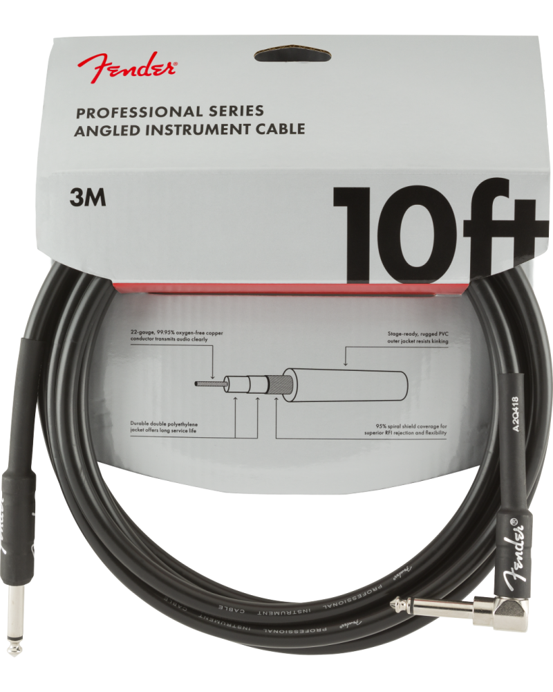 Fender Professional Series Instrument Cable, Straight-Angle, 10', Black, 3 m.