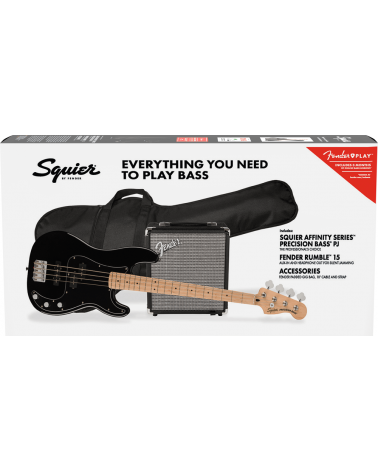Squier Affinity Series Precision Bass PJ Pack, MN, Black, Gig Bag, Rumble 15
