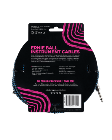 CABLE INSTRUMENTO ERNIE BALL TRENZADO JACK-JACK SA NEGRO/AZUL - 7,62M